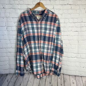 American Eagle Men’s Linen Blend Plaid Button Down Shirt side XXL Blue Orange